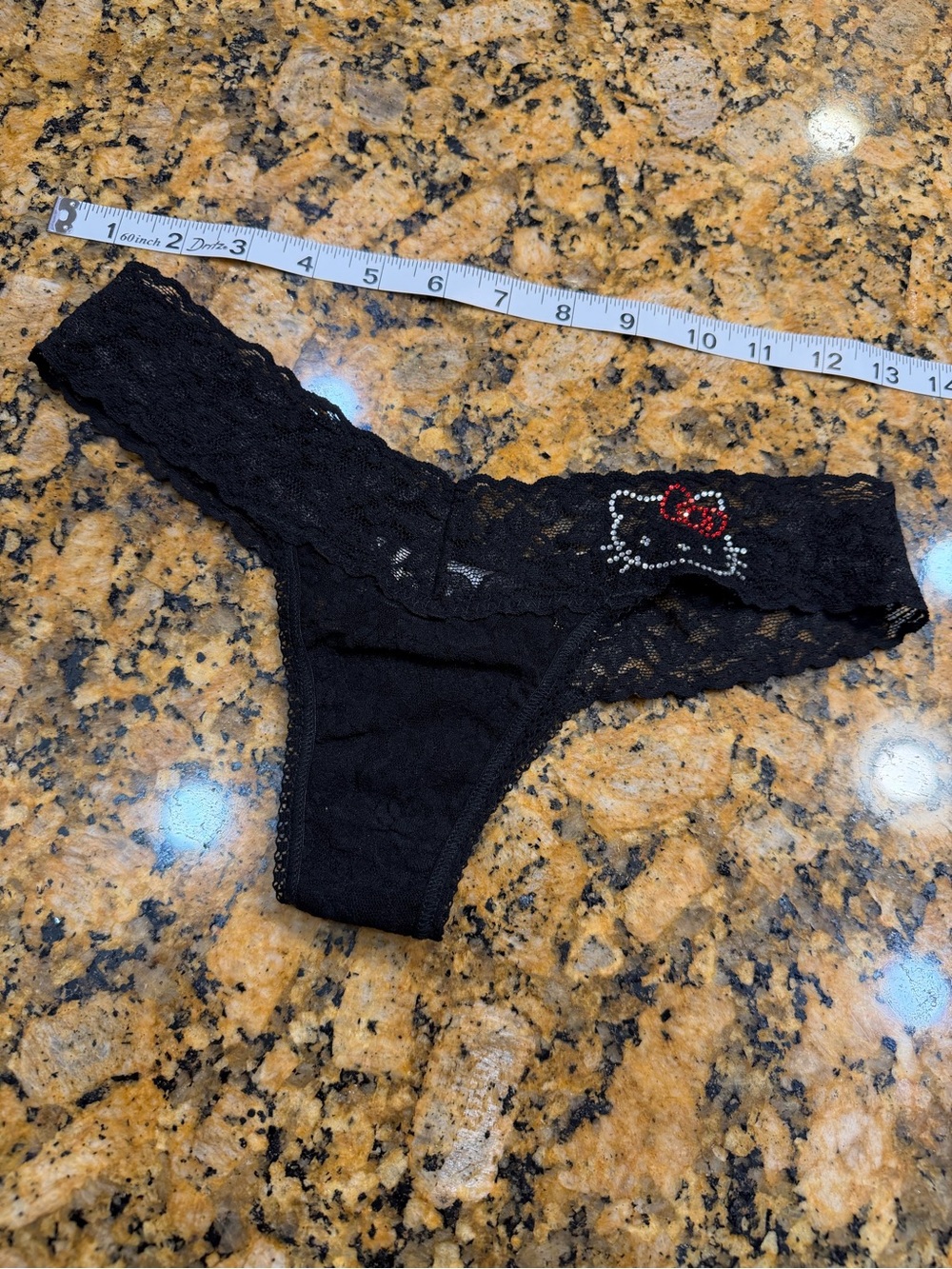 Hello Kitty Black Lace Thong with Red & Silver Gem Accent